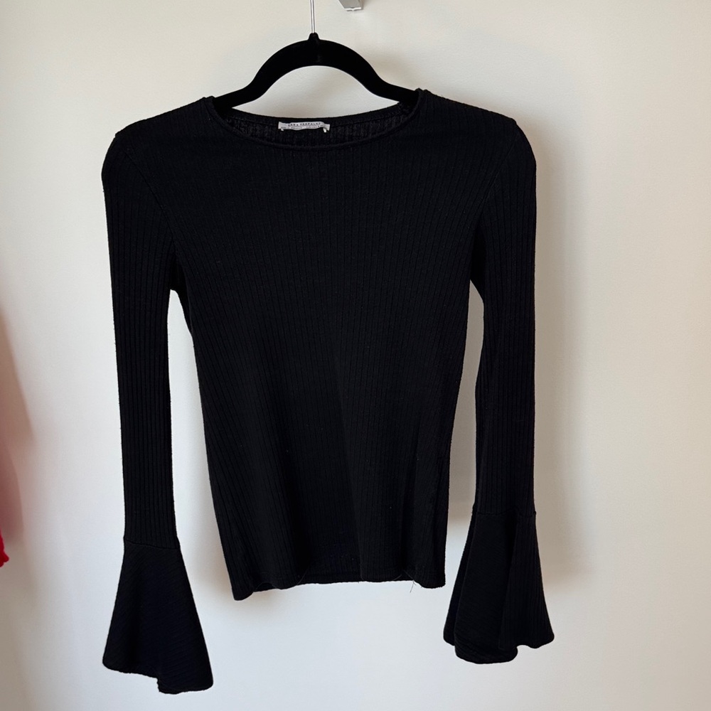 Zara Black Ribbed Blouse with Bell Sleeves
